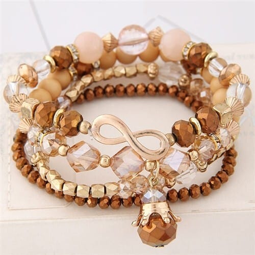 Infinity Sign and Crown Pendants Multi-layer Beads Fashion Bracelet - Brown
