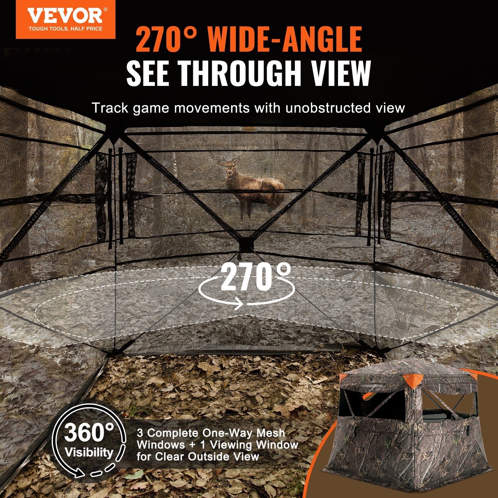 Hunting Blind, 270?° See Through Ground Blind, 4-5 Person Pop Up Deer Blind for Hunting with Carrying Bag, Portable Resilient Hunting Tent, One-Way See-Through Mesh for Turkey and Deer Hunting