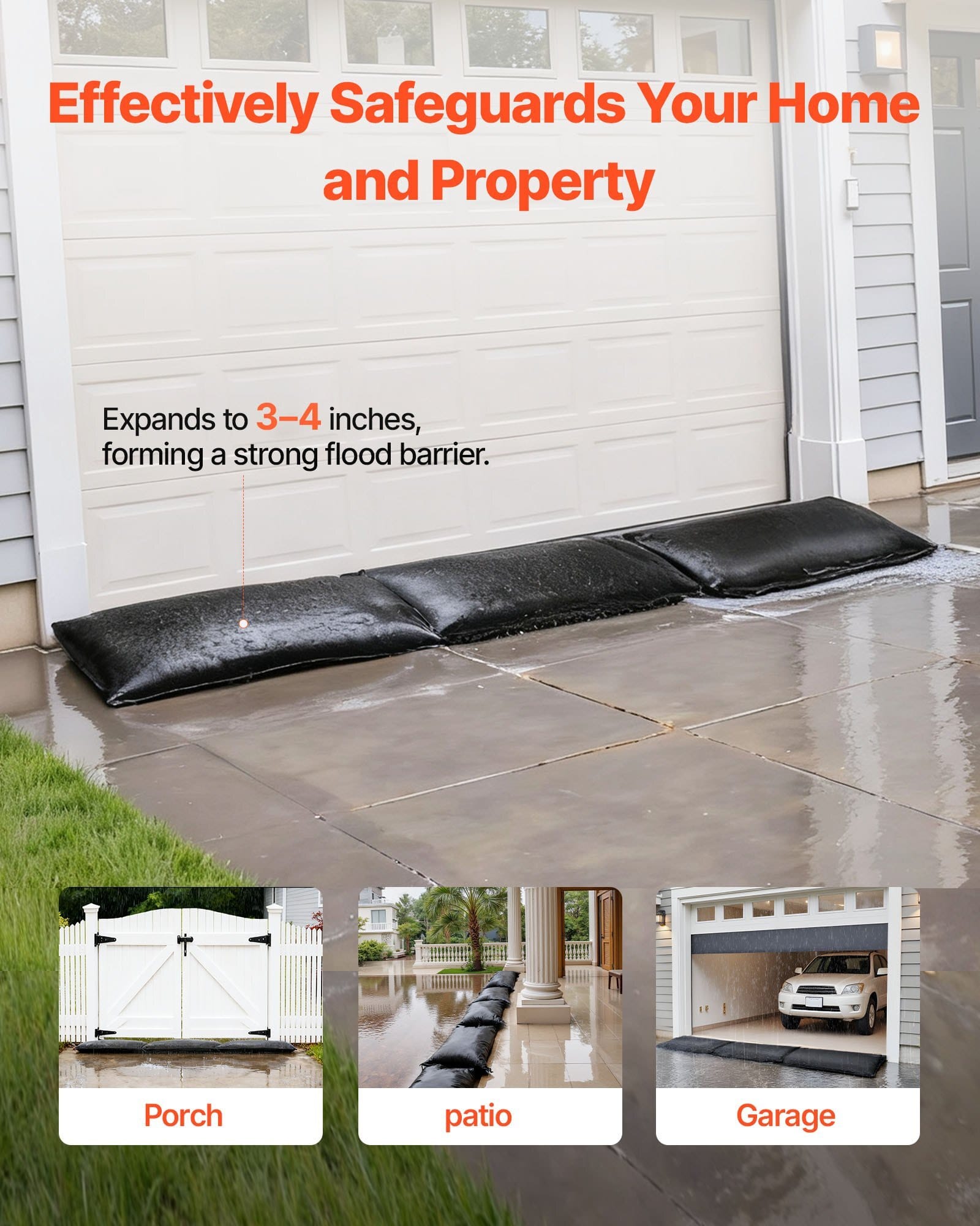 Flood Barrier, 10 Pack, 1.4 x 2.7 ft Flood Bags with Bucket, Reusable Water Absorbent Barrier Activated by Water, Sandless Sandbags Blockage, Flooding Prevention Bags for Door, Basement, Garage