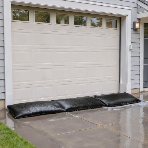 Flood Barrier, 10 Pack, 1.4 x 2.7 ft Flood Bags with Bucket, Reusable Water Absorbent Barrier Activated by Water, Sandless Sandbags Blockage, Flooding Prevention Bags for Door, Basement, Garage