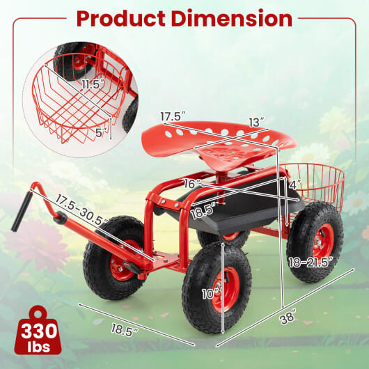 Costway Extendable Handle Garden Cart Rolling Wagon Scooter-Red - Color: Red