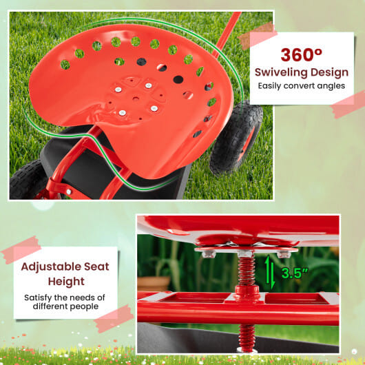 Costway Extendable Handle Garden Cart Rolling Wagon Scooter-Red - Color: Red