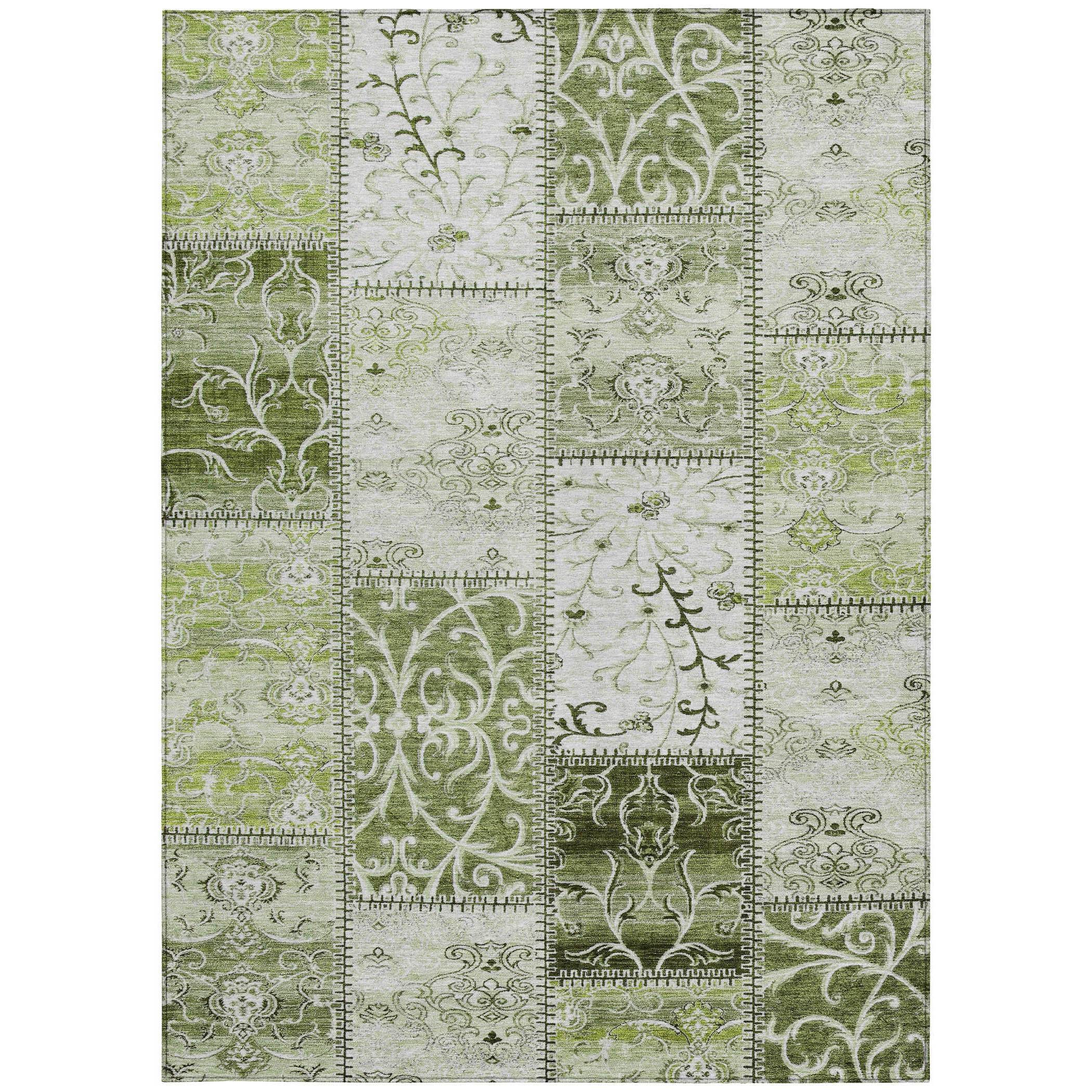 5' X 8' Green Patchwork Washable Non Skid Indoor Outdoor Area Rug
