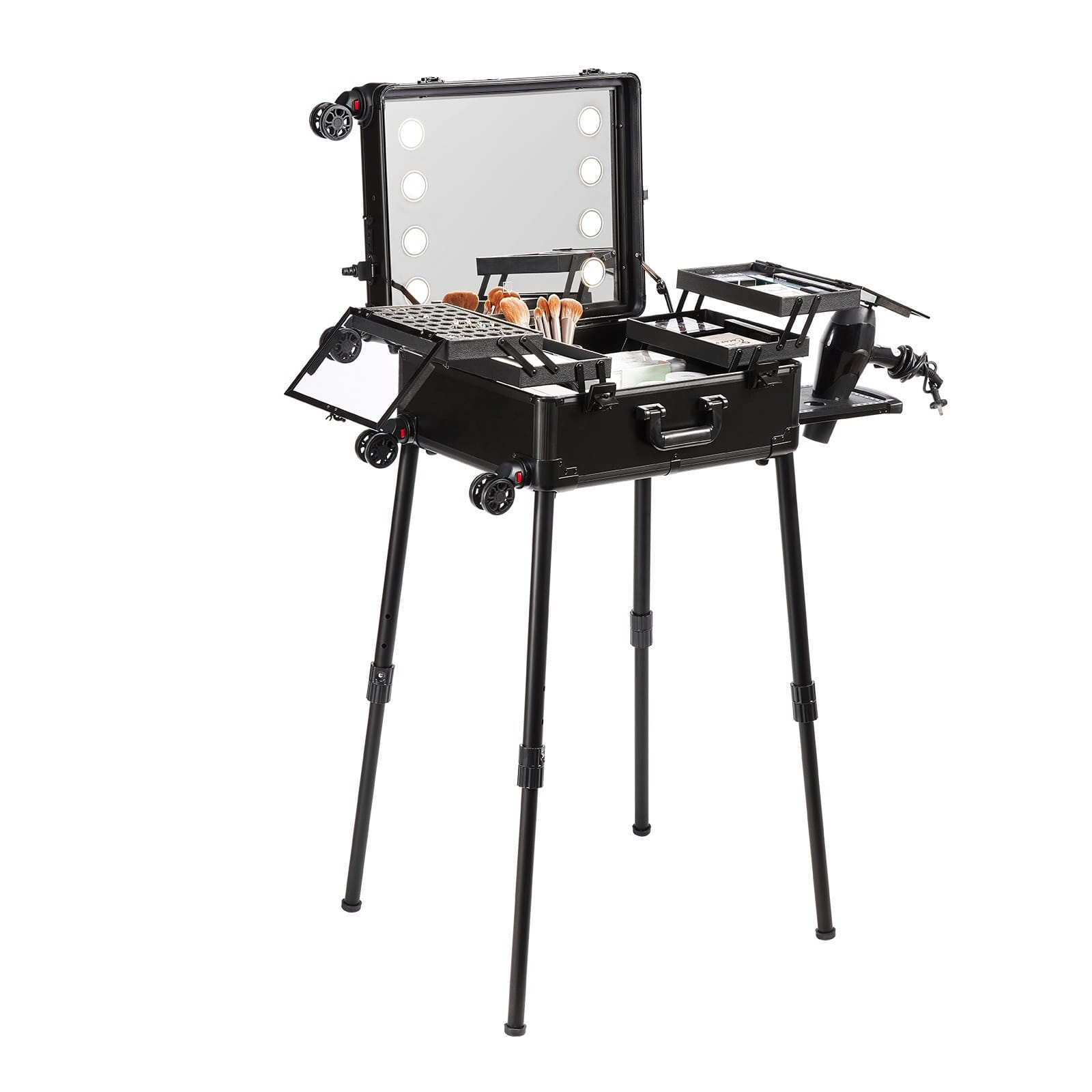 Makeup Train Case with Lock, Lighted Mirror, 4 Storage Trays, Brush Holder, Travel Cosmetic Organizer Box w/ Swivel Wheels, Professional Artist Trolley Studio Free Standing Case