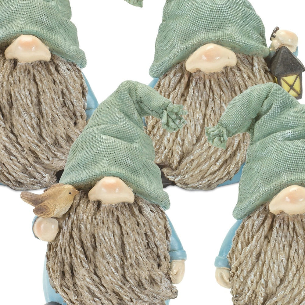 Set of Four Blue and Green Polyresin Garden Gnome Tabletop Sculptures