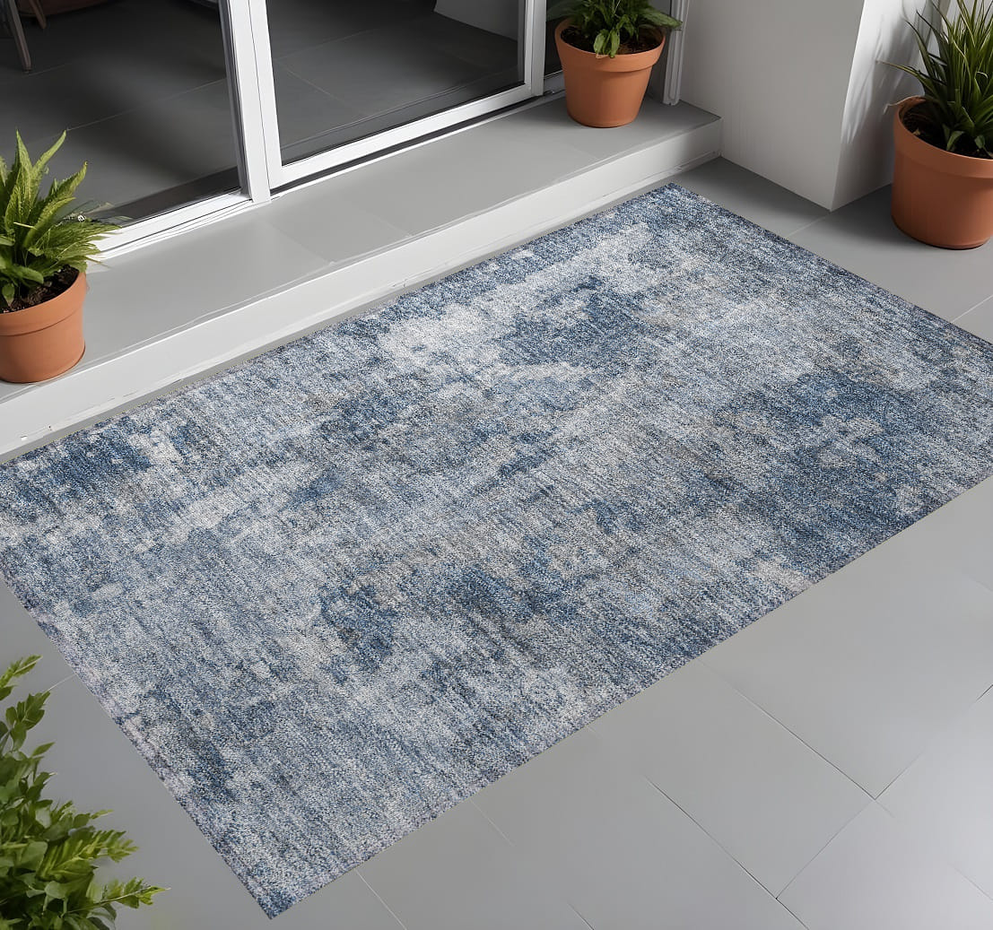 3' X 5' Blue Abstract Washable Non Skid Indoor Outdoor Area Rug