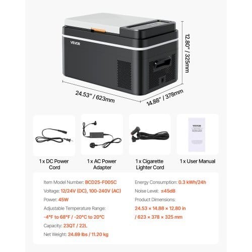 Car Refrigerator, DC 12/24V AC100-240V Compressor Electric Cooler, -4?°F to 68?°F Car Fridge with APP Control, 23 QT Cars Freezer for RVs, Campsites, Boats, Camping, Fishing, 45W Portable Freezer