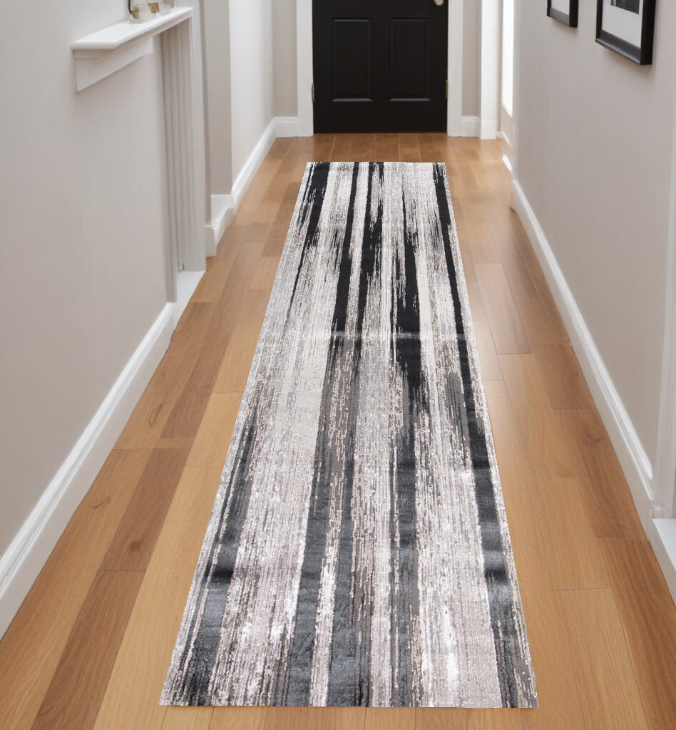 8' Beige and Black Abstract Power Loom Runner Rug