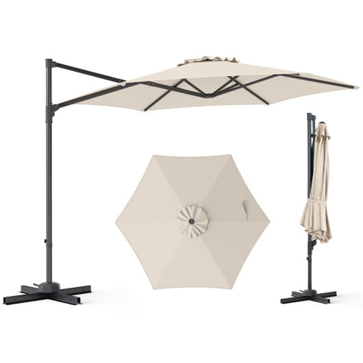 10 FT Patio Cantilever Umbrella with 360° Rotation and Air Vent for Backyard and Poolside-Tan