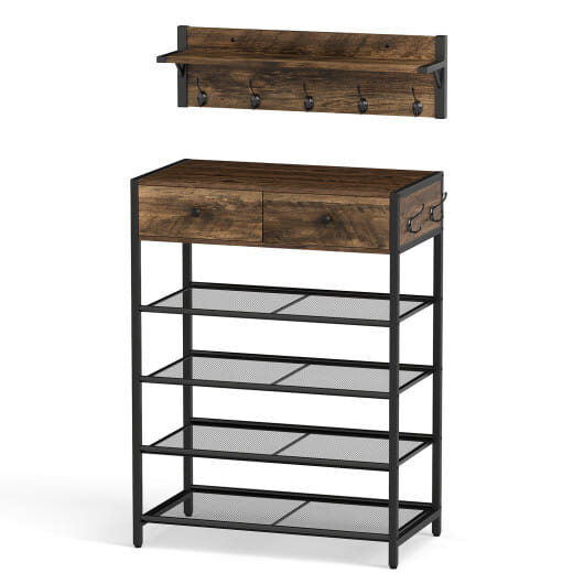 Coat Rack Shoe Stand Set 5-Tier Shoe Rack with Wall-Mounted Coat Hanger-Brown - Color: Brown