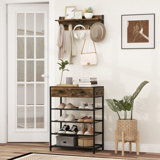 Coat Rack Shoe Stand Set 5-Tier Shoe Rack with Wall-Mounted Coat Hanger-Brown - Color: Brown