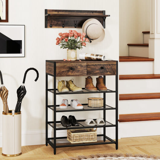 Coat Rack Shoe Stand Set 5-Tier Shoe Rack with Wall-Mounted Coat Hanger-Brown - Color: Brown