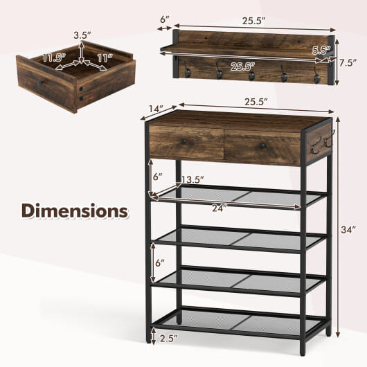 Coat Rack Shoe Stand Set 5-Tier Shoe Rack with Wall-Mounted Coat Hanger-Brown - Color: Brown
