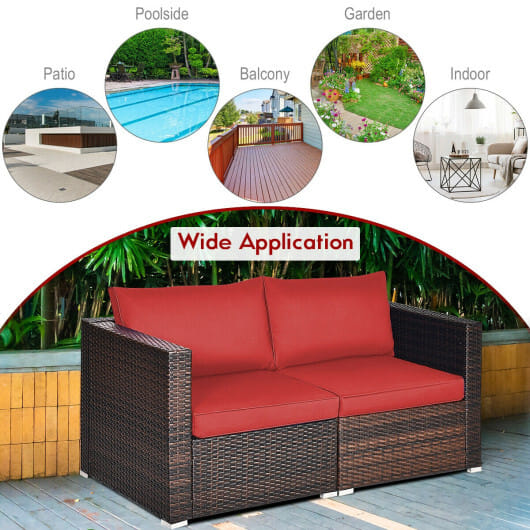 2PCS Patio Rattan Sectional Conversation Sofa Set-Red - Color: Red