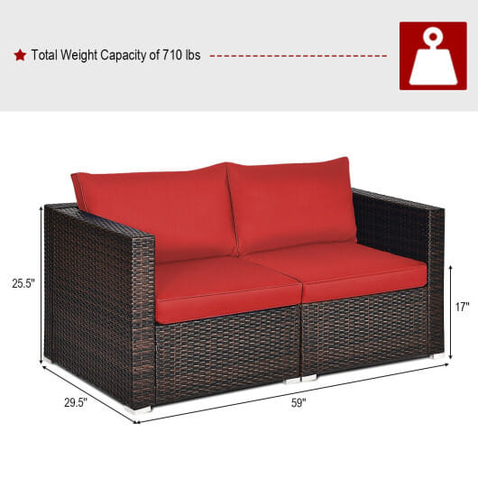 2PCS Patio Rattan Sectional Conversation Sofa Set-Red - Color: Red