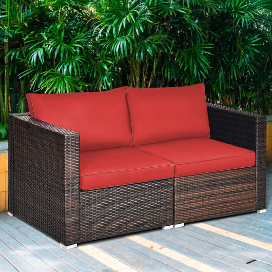 2PCS Patio Rattan Sectional Conversation Sofa Set-Red - Color: Red