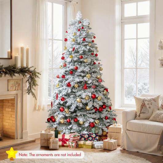 6/7 Feet Artificial Snow-flocked Christmas Tree Pre-lit Hinged Xmas Tree with 130 Twinkle Balls-7 Feet - Color: Green - Size: 7 ft