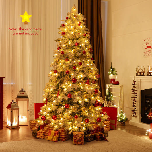 6/7 Feet Artificial Snow-flocked Christmas Tree Pre-lit Hinged Xmas Tree with 130 Twinkle Balls-7 Feet - Color: Green - Size: 7 ft