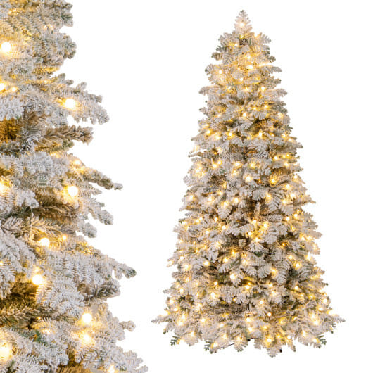 6/7 Feet Artificial Snow-flocked Christmas Tree Pre-lit Hinged Xmas Tree with 130 Twinkle Balls-7 Feet - Color: Green - Size: 7 ft
