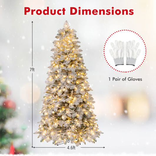 6/7 Feet Artificial Snow-flocked Christmas Tree Pre-lit Hinged Xmas Tree with 130 Twinkle Balls-7 Feet - Color: Green - Size: 7 ft