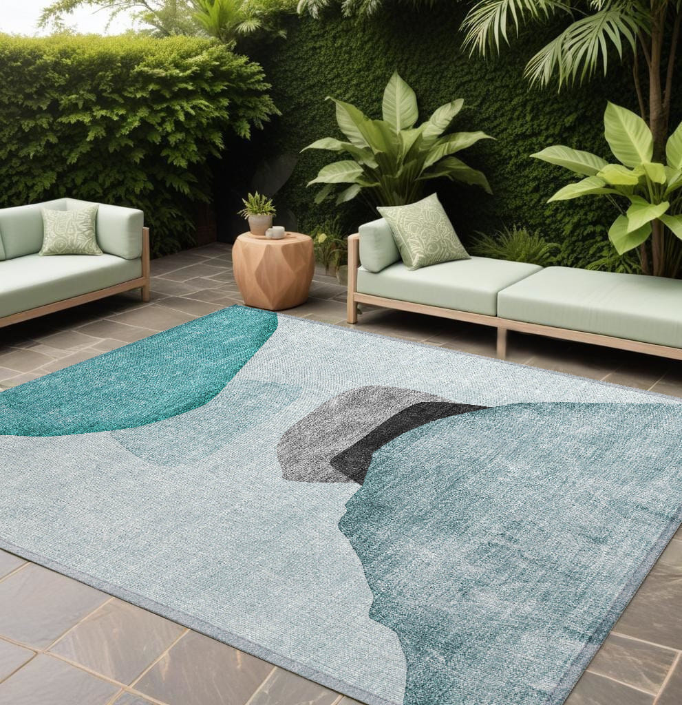 10' X 14' Ivory Teal and Gray Abstract Washable Non Skid Indoor Outdoor Area Rug