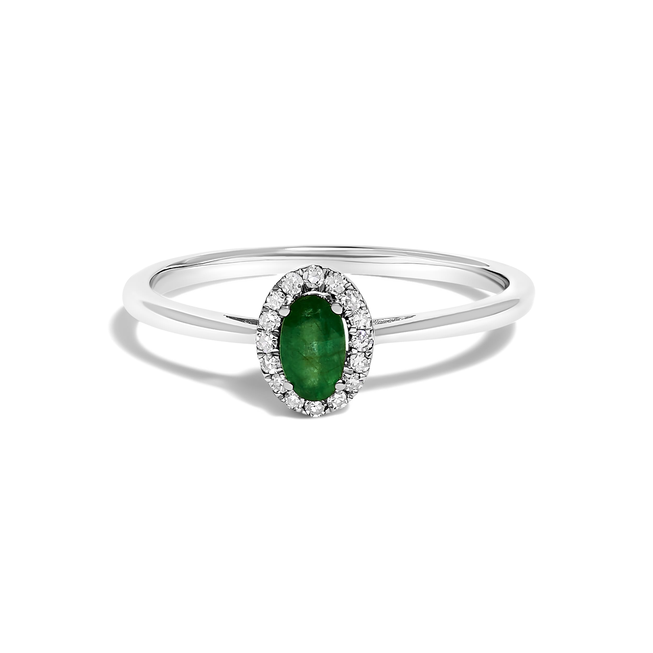 10K White Gold 5X3MM Oval Green Emerald and Diamond Accent Halo Ring (I-J Color, I1-I2 Clarity) - Ring Size 6