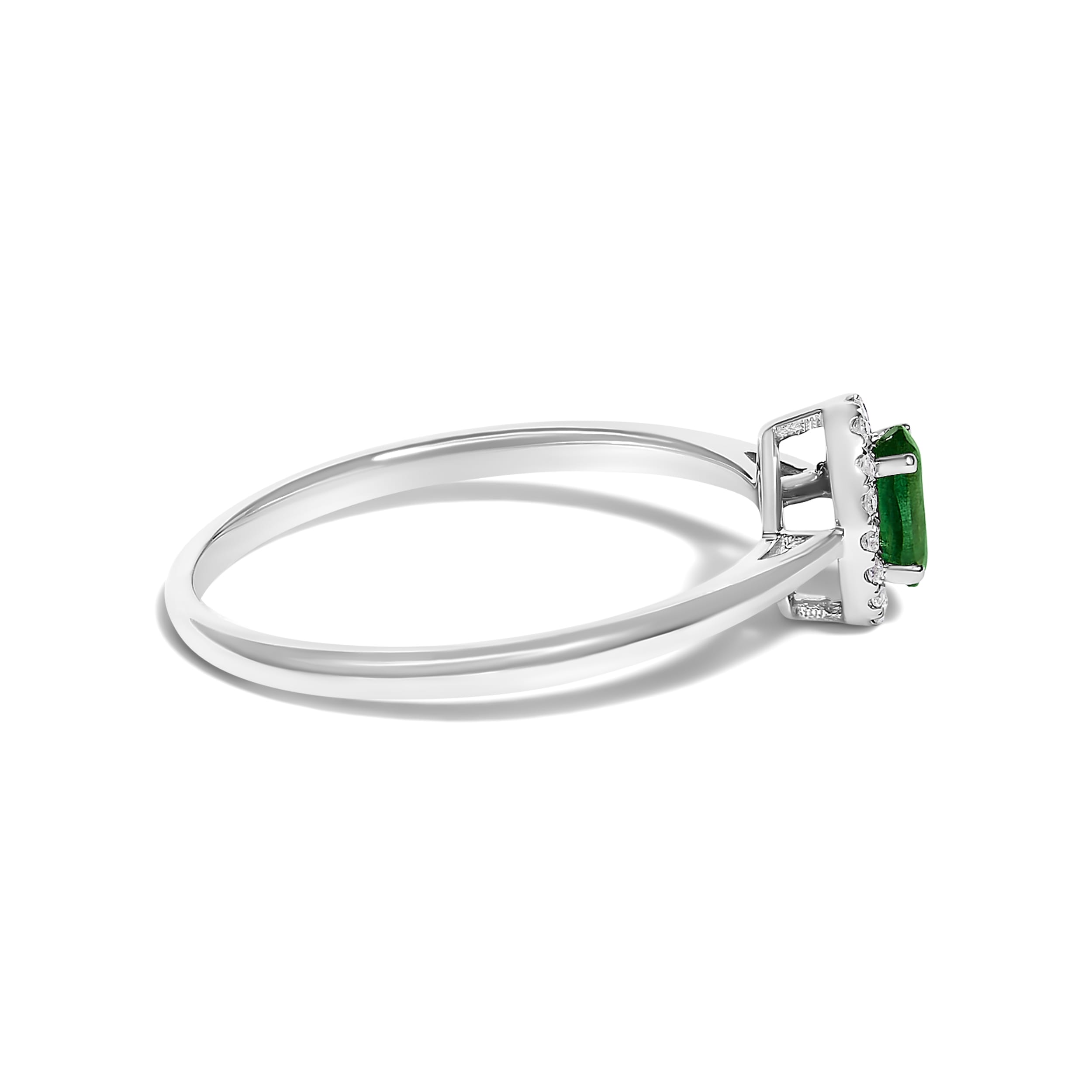 10K White Gold 5X3MM Oval Green Emerald and Diamond Accent Halo Ring (I-J Color, I1-I2 Clarity) - Ring Size 6