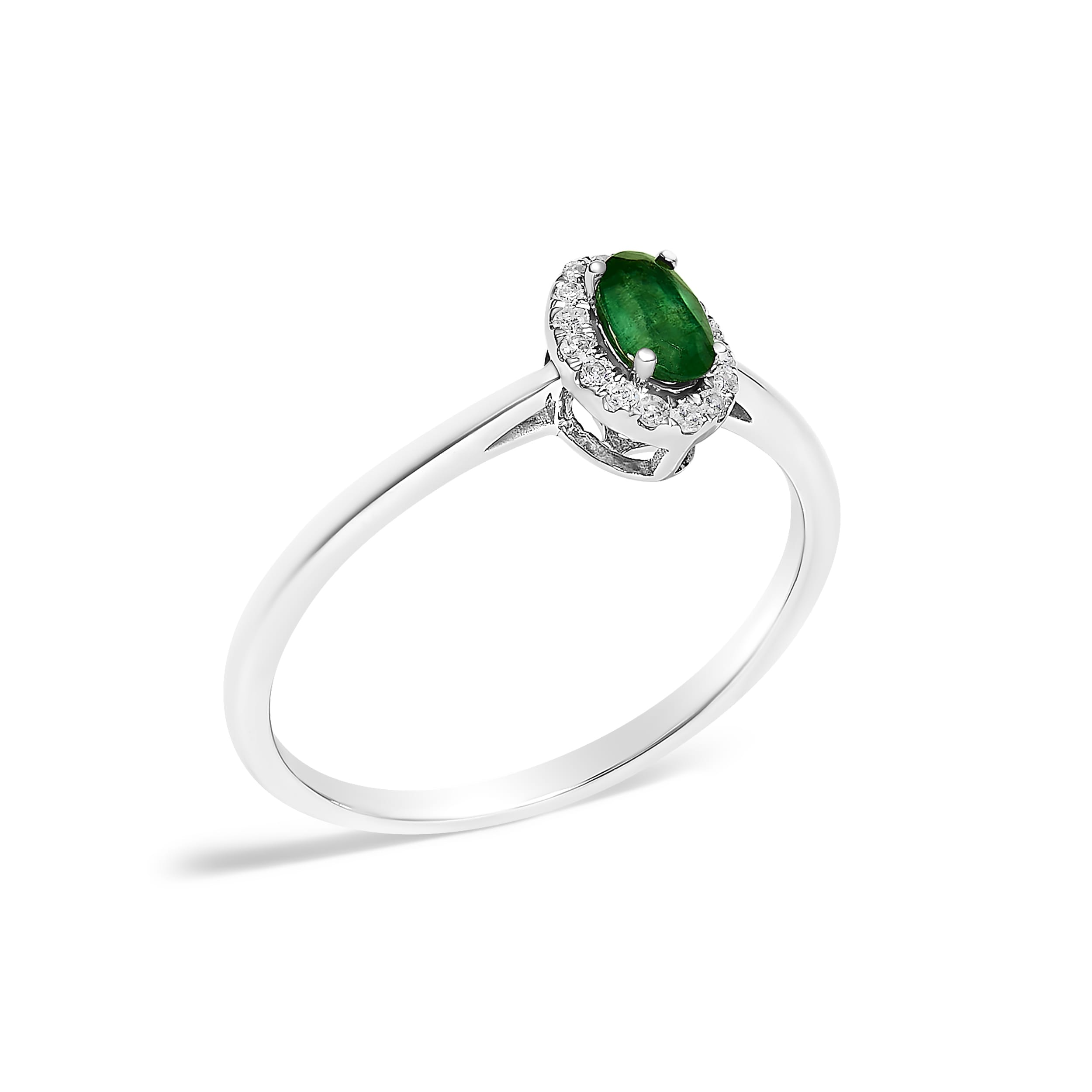10K White Gold 5X3MM Oval Green Emerald and Diamond Accent Halo Ring (I-J Color, I1-I2 Clarity) - Ring Size 6
