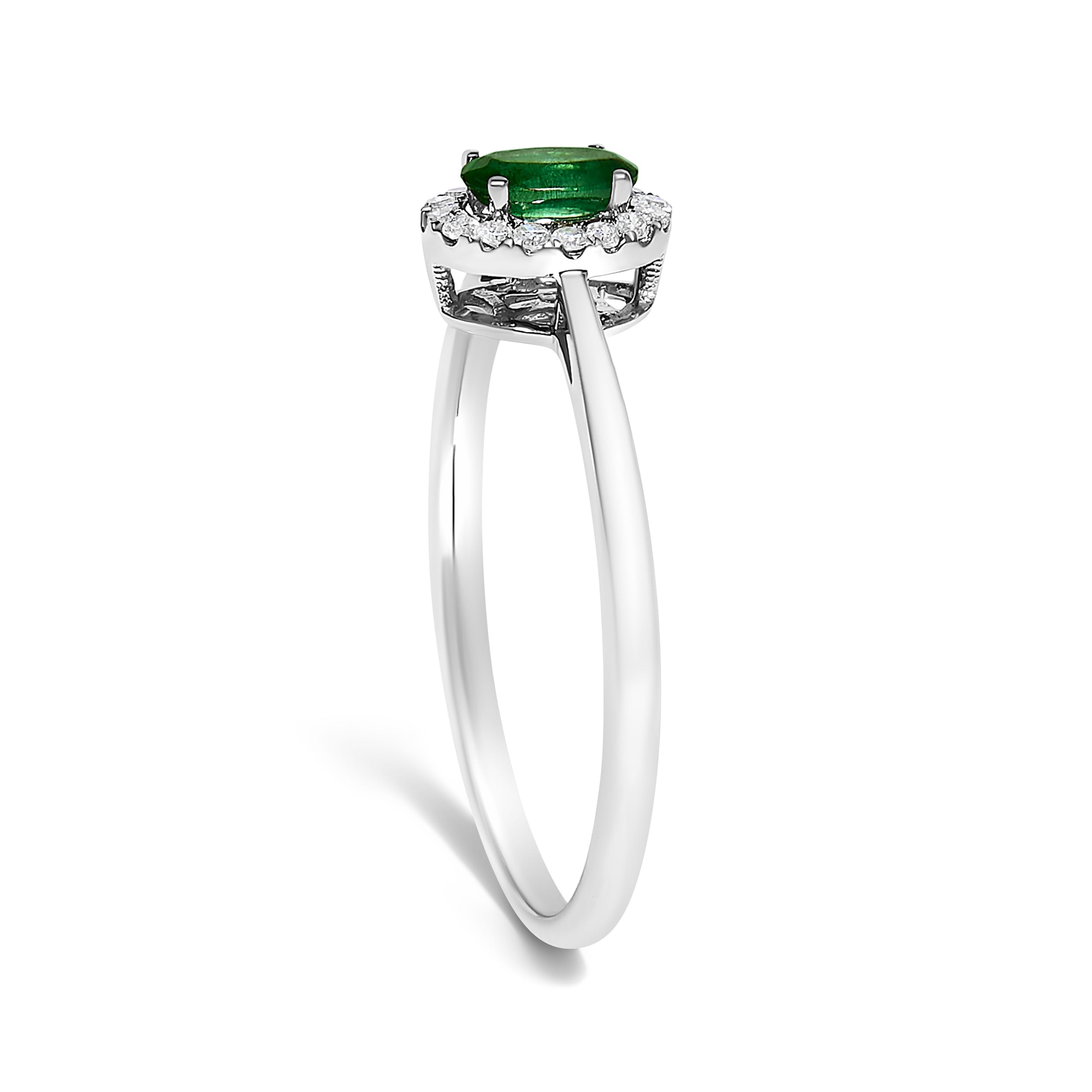 10K White Gold 5X3MM Oval Green Emerald and Diamond Accent Halo Ring (I-J Color, I1-I2 Clarity) - Ring Size 6