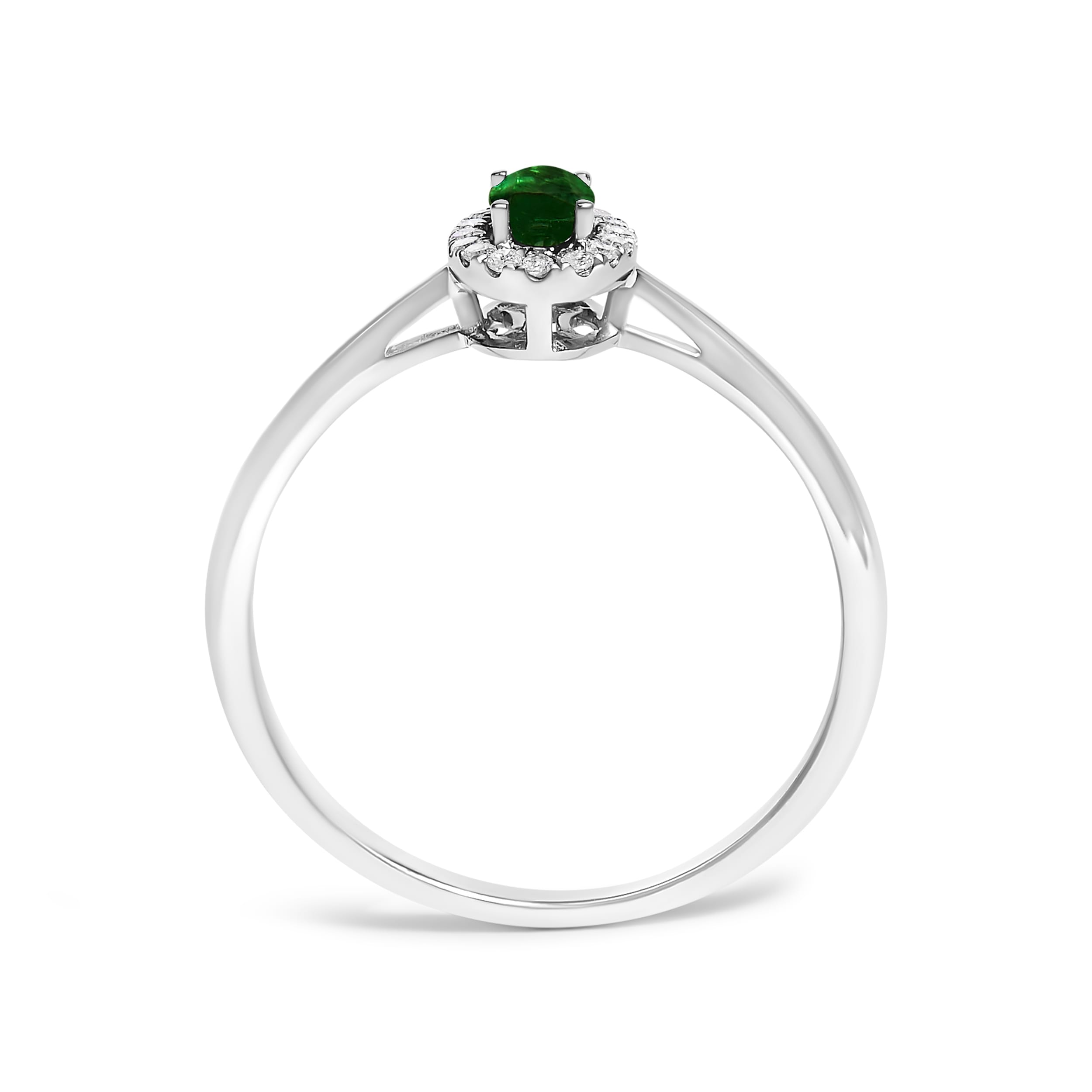 10K White Gold 5X3MM Oval Green Emerald and Diamond Accent Halo Ring (I-J Color, I1-I2 Clarity) - Ring Size 6