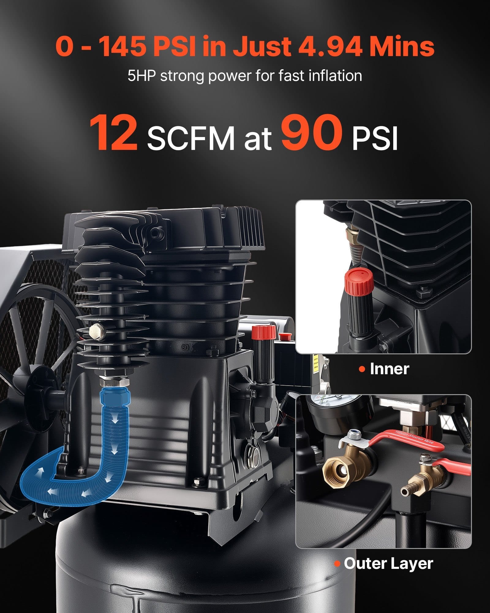 60 Gallons Heavy-Duty Air Compressor, 5HP 12 SCFM at 90PSI Air Compressors Max 145PSI Pressure, Oil-Lubricated Compressor Tank for Industrial Manufacturing, Large Workshops (230V 60Hz, No-Plug)