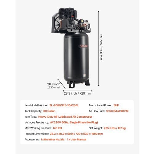 60 Gallons Heavy-Duty Air Compressor, 5HP 12 SCFM at 90PSI Air Compressors Max 145PSI Pressure, Oil-Lubricated Compressor Tank for Industrial Manufacturing, Large Workshops (230V 60Hz, No-Plug)