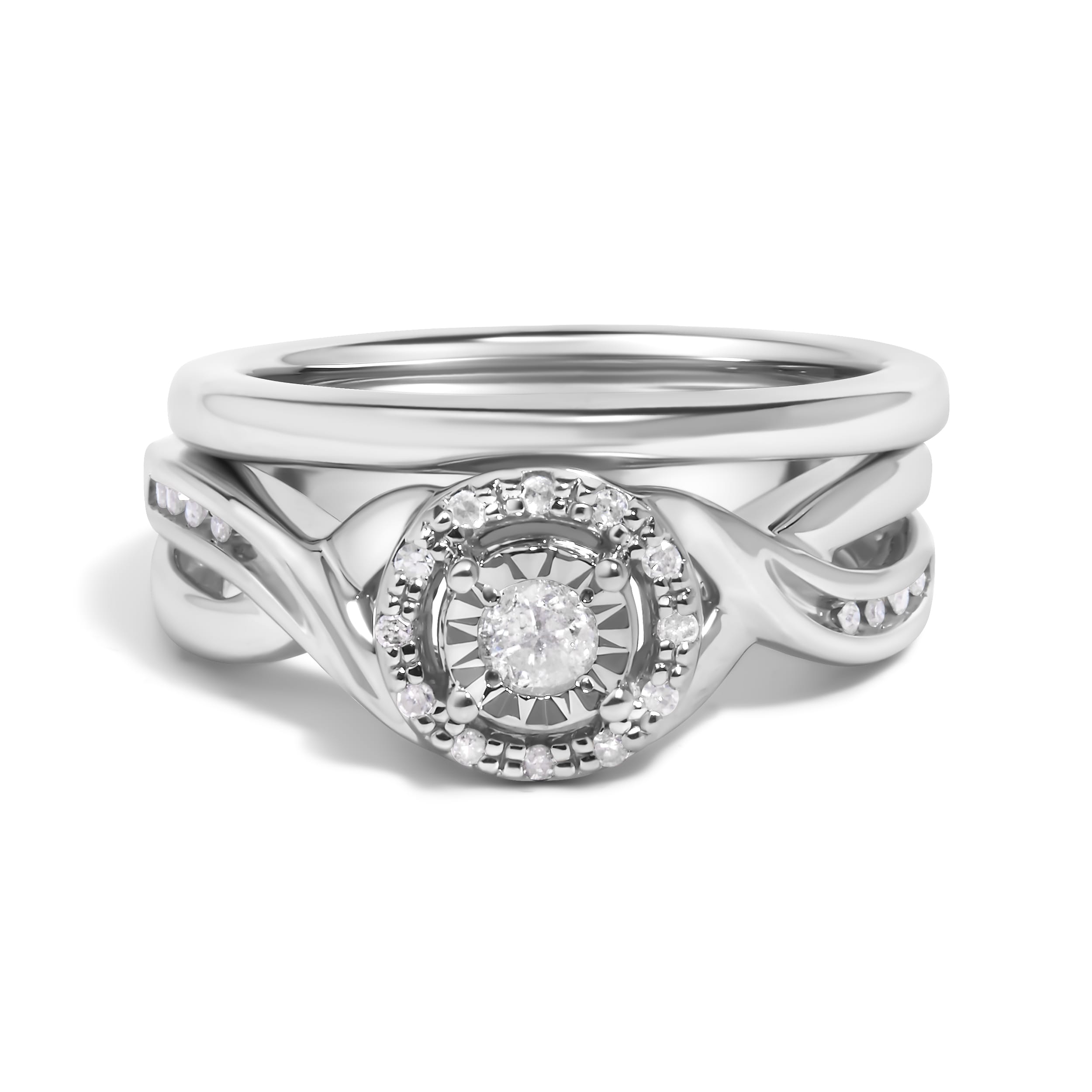 .925 Sterling Silver 1/7 Cttw Diamond Halo Bypass Engagement Ring and Wedding Band Set (I-J Color, I3 Clarity) - Size 8