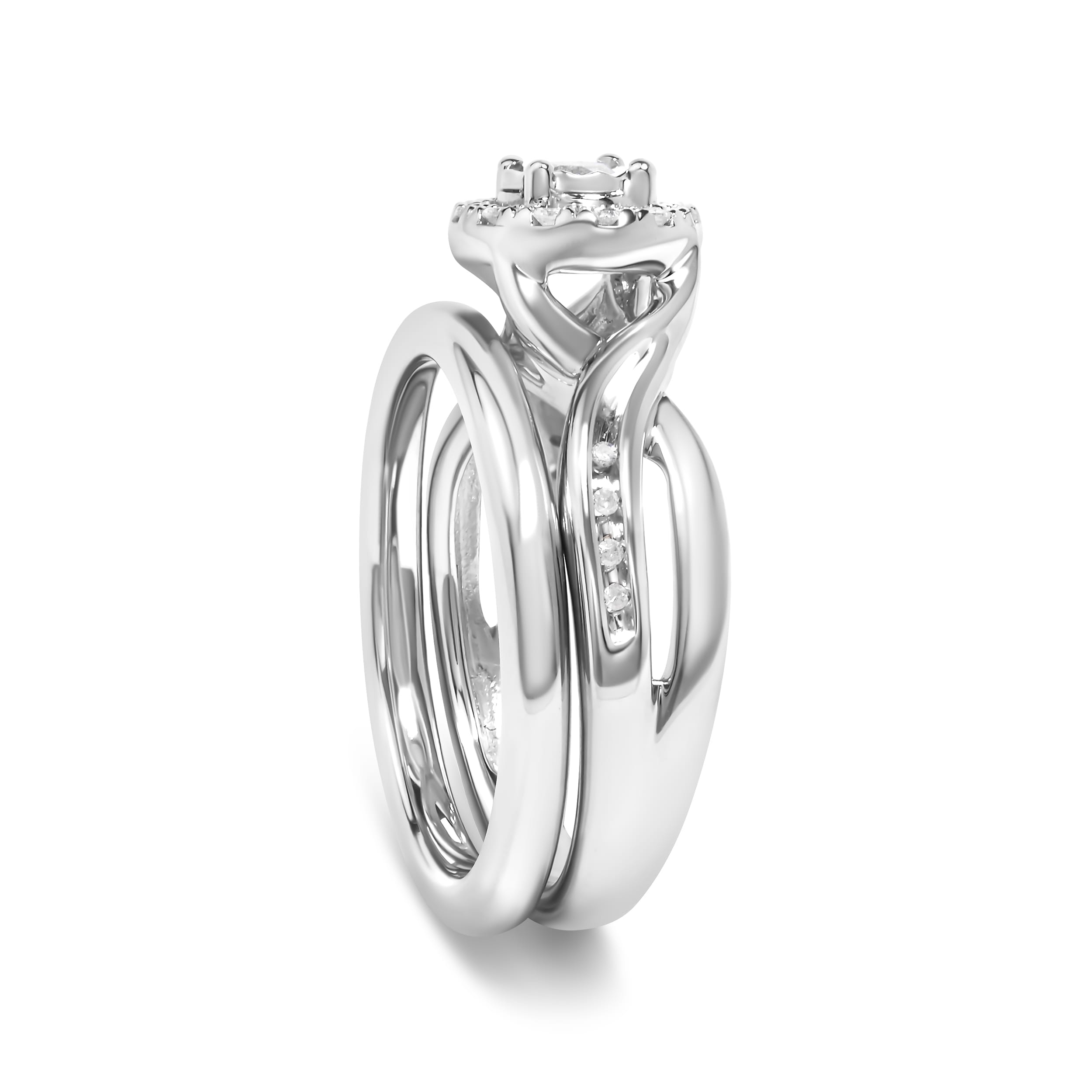 .925 Sterling Silver 1/7 Cttw Diamond Halo Bypass Engagement Ring and Wedding Band Set (I-J Color, I3 Clarity) - Size 8