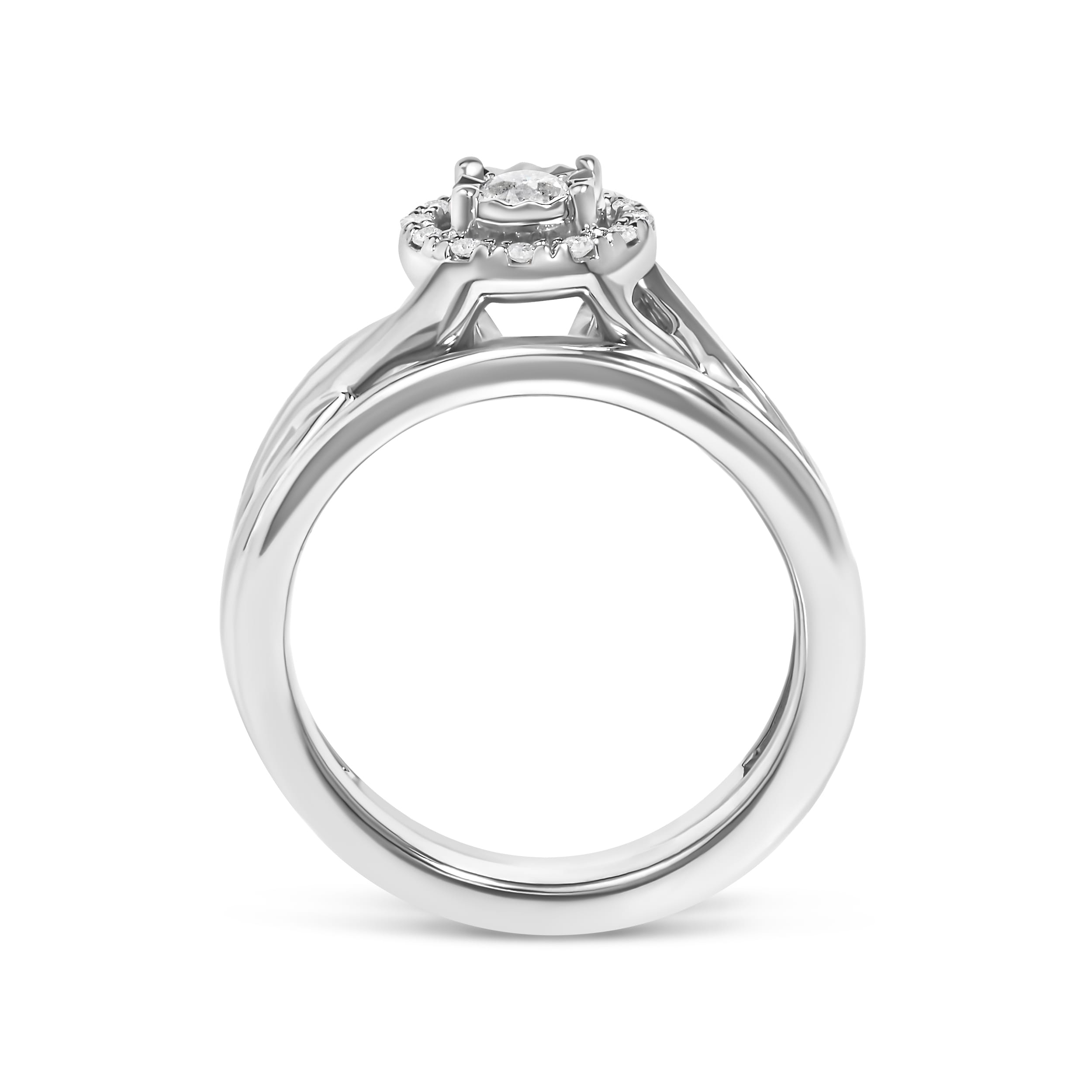 .925 Sterling Silver 1/7 Cttw Diamond Halo Bypass Engagement Ring and Wedding Band Set (I-J Color, I3 Clarity) - Size 8