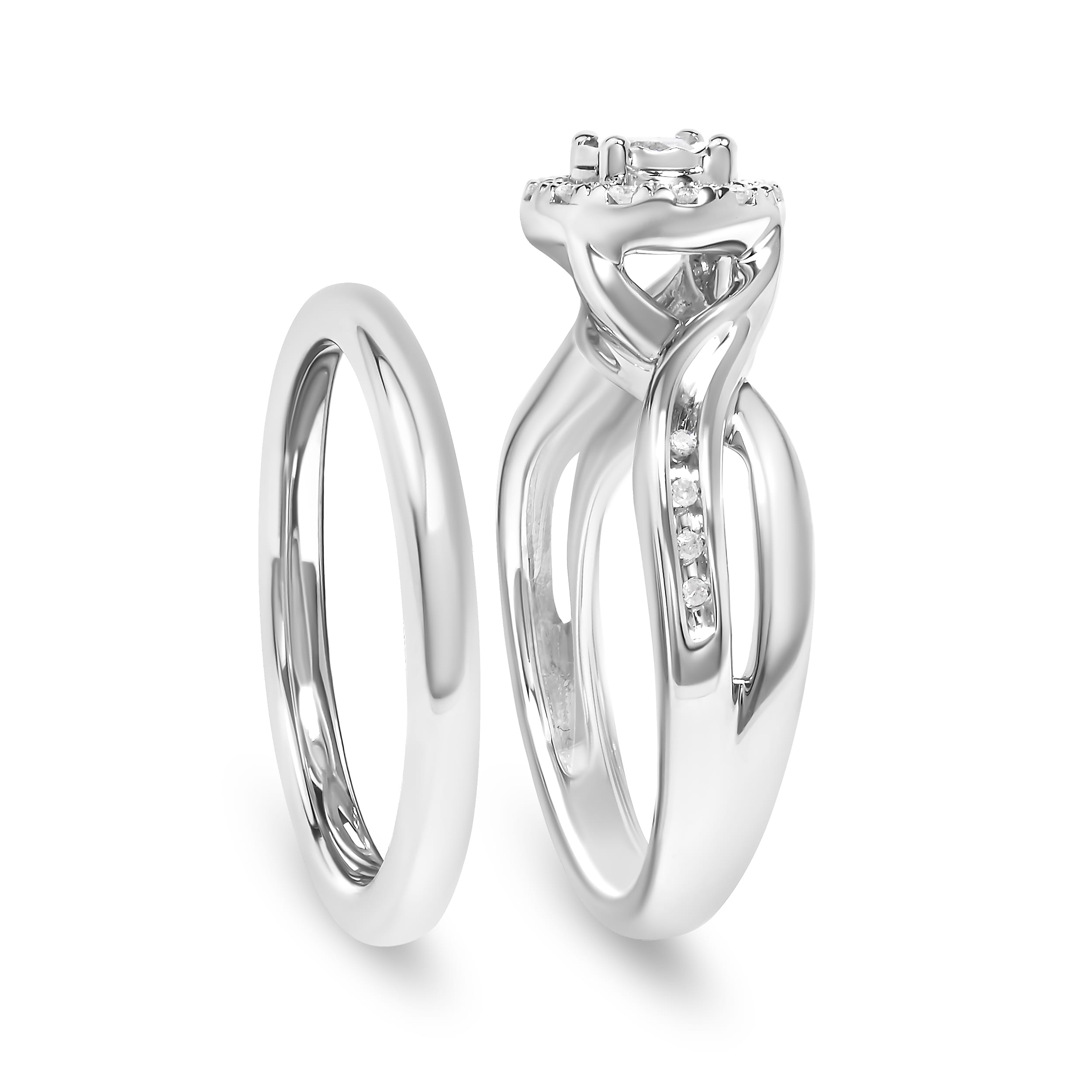 .925 Sterling Silver 1/7 Cttw Diamond Halo Bypass Engagement Ring and Wedding Band Set (I-J Color, I3 Clarity) - Size 8