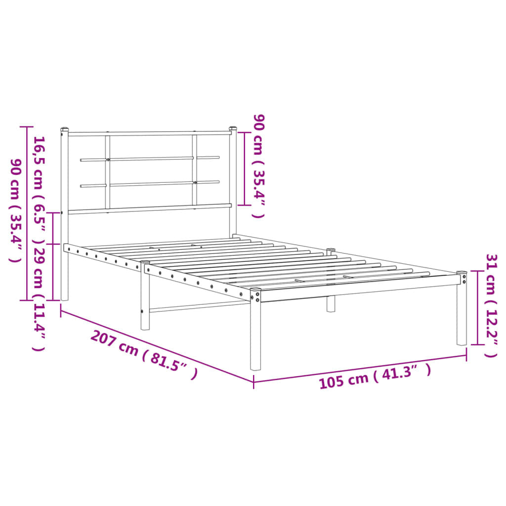 Metal Bed Frame without Mattress with Headboard White 39.4"x78.7"