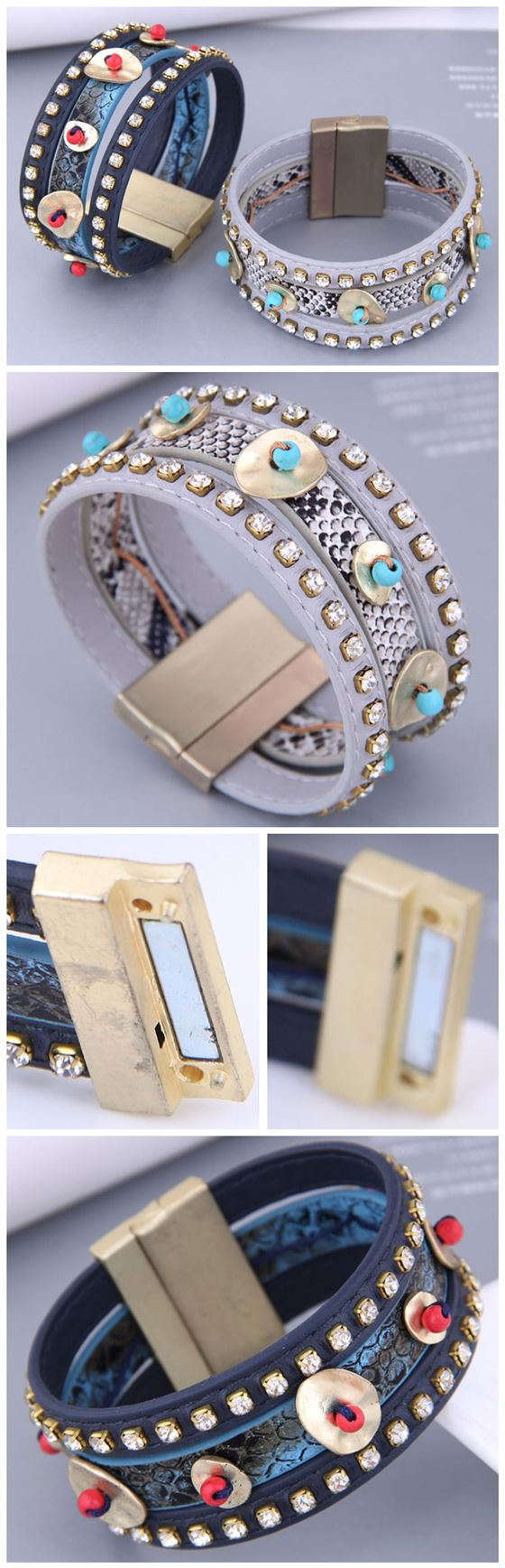 Folk Style Rhinestone and Snakeskin Pattern Multi-elements Wide Women Bangle - Gray