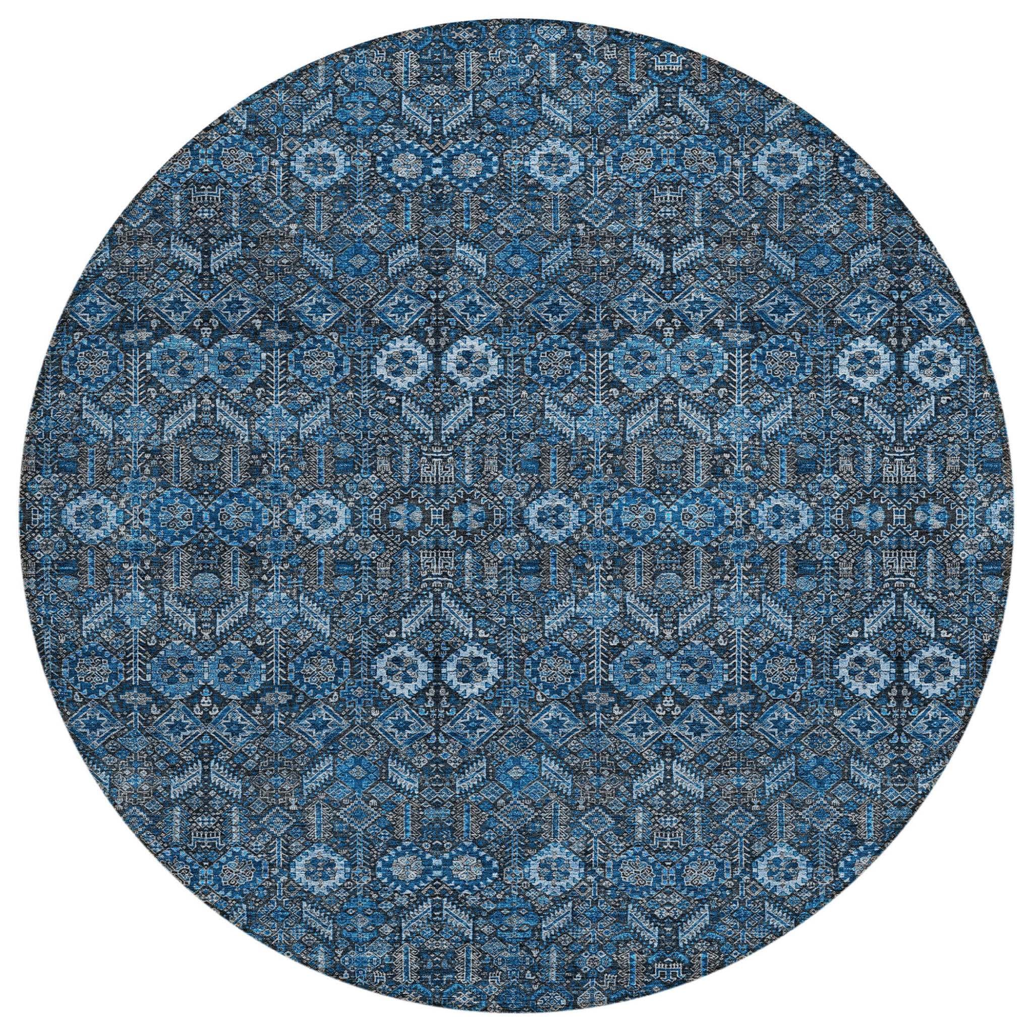 8' Round Blue and Black Round Floral Washable Non Skid Indoor Outdoor Area Rug