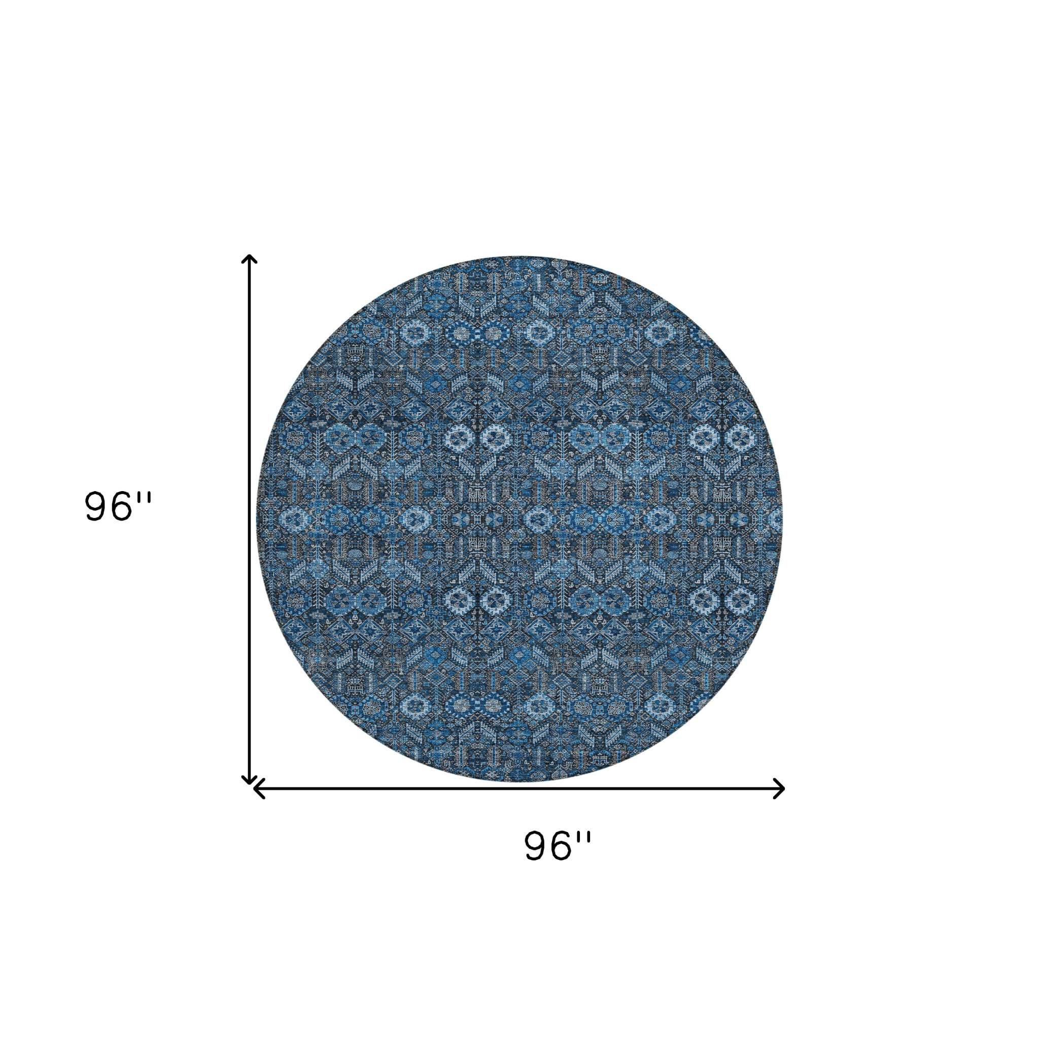 8' Round Blue and Black Round Floral Washable Non Skid Indoor Outdoor Area Rug
