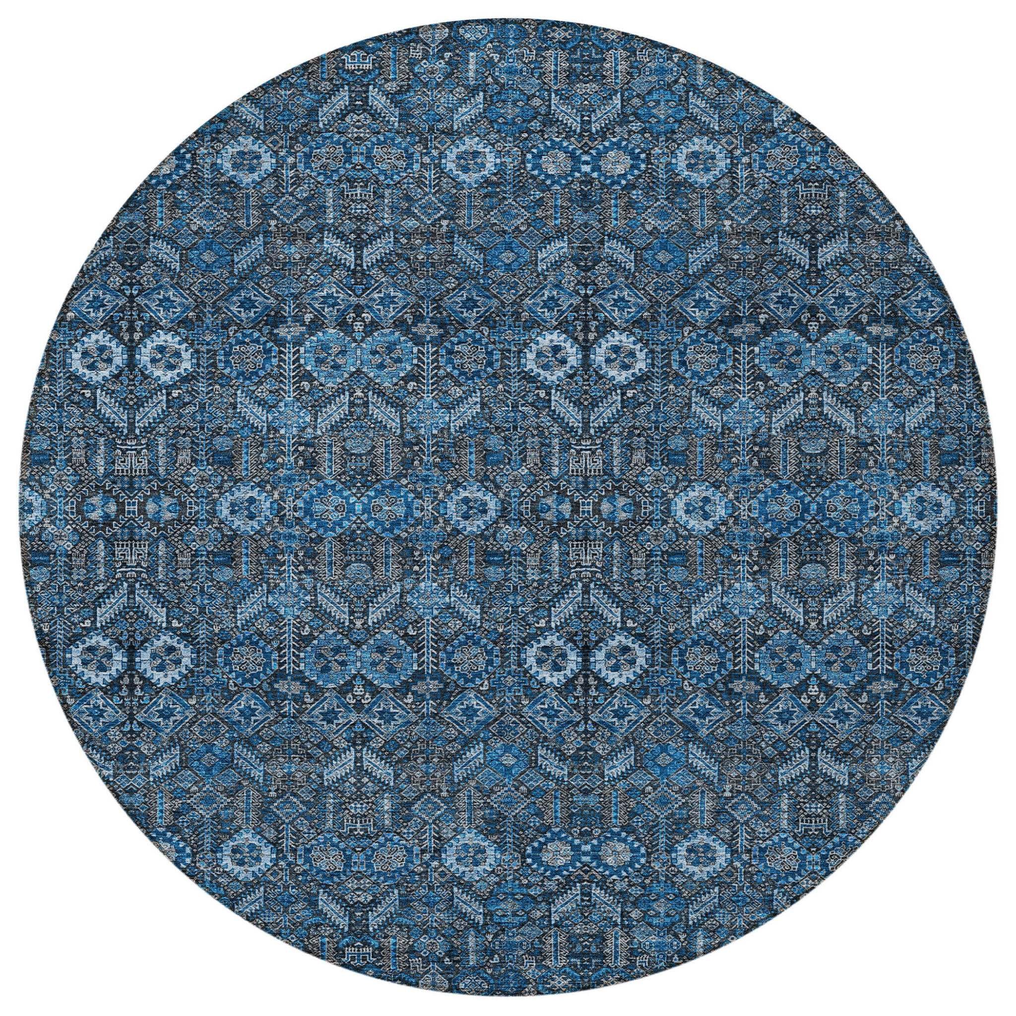 8' Round Blue and Black Round Floral Washable Non Skid Indoor Outdoor Area Rug