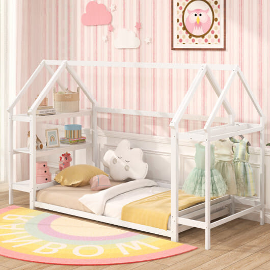 Twin Size Montessori Floor House Bed with Detachable Storage Shelves-Grey