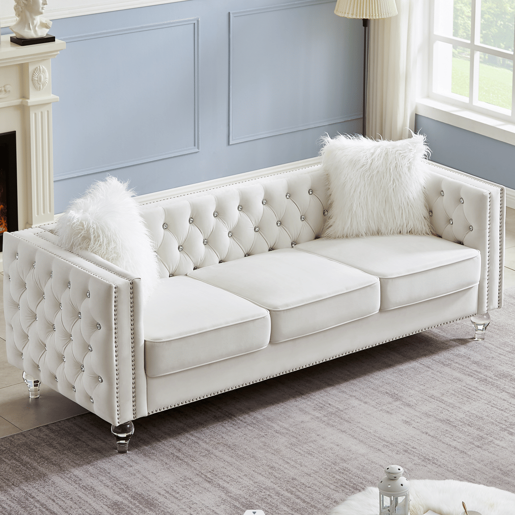 Beige, 2+3 Seat Sofa Set, Velvet Crystal Buckle Upholstery Sofa, Crystal Feet, Removable Cushion, Four Plush Pillow