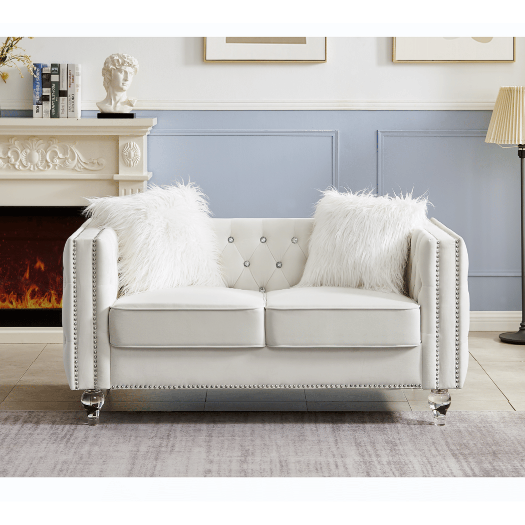 Beige, 2+3 Seat Sofa Set, Velvet Crystal Buckle Upholstery Sofa, Crystal Feet, Removable Cushion, Four Plush Pillow