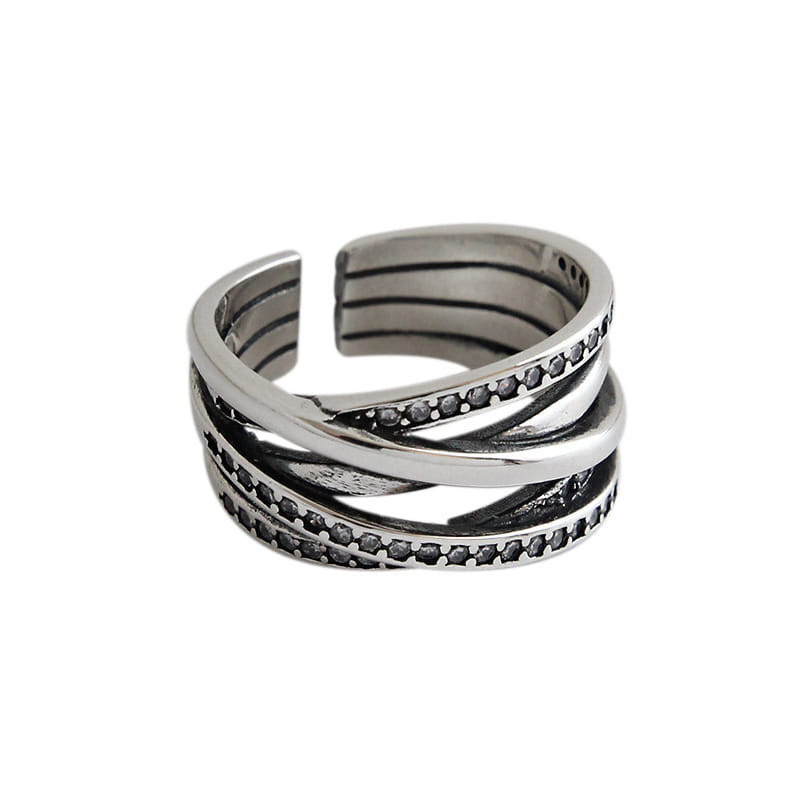 Retro CZ Multi Lines Cross 925 Sterling Silver Adjustable Ring