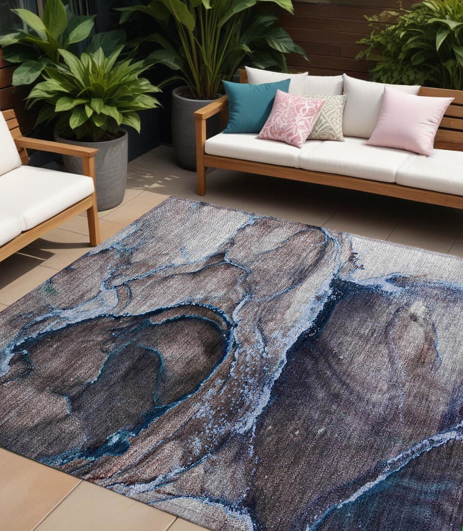 10' X 14' Navy Blue Abstract Washable Non Skid Indoor Outdoor Area Rug
