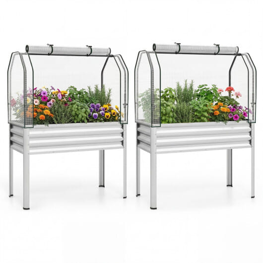 2 Pieces Galvanized Raised Garden Bed with Legs and Greenhouse Cover for Vegetable Flower-Silver - Color: Silver