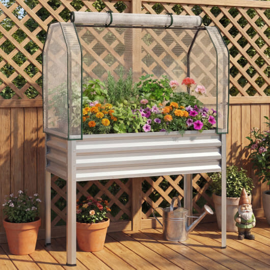 2 Pieces Galvanized Raised Garden Bed with Legs and Greenhouse Cover for Vegetable Flower-Silver - Color: Silver