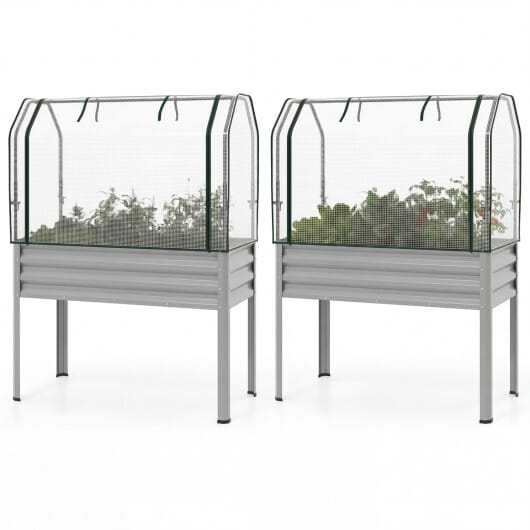 2 Pieces Galvanized Raised Garden Bed with Legs and Greenhouse Cover for Vegetable Flower-Silver - Color: Silver