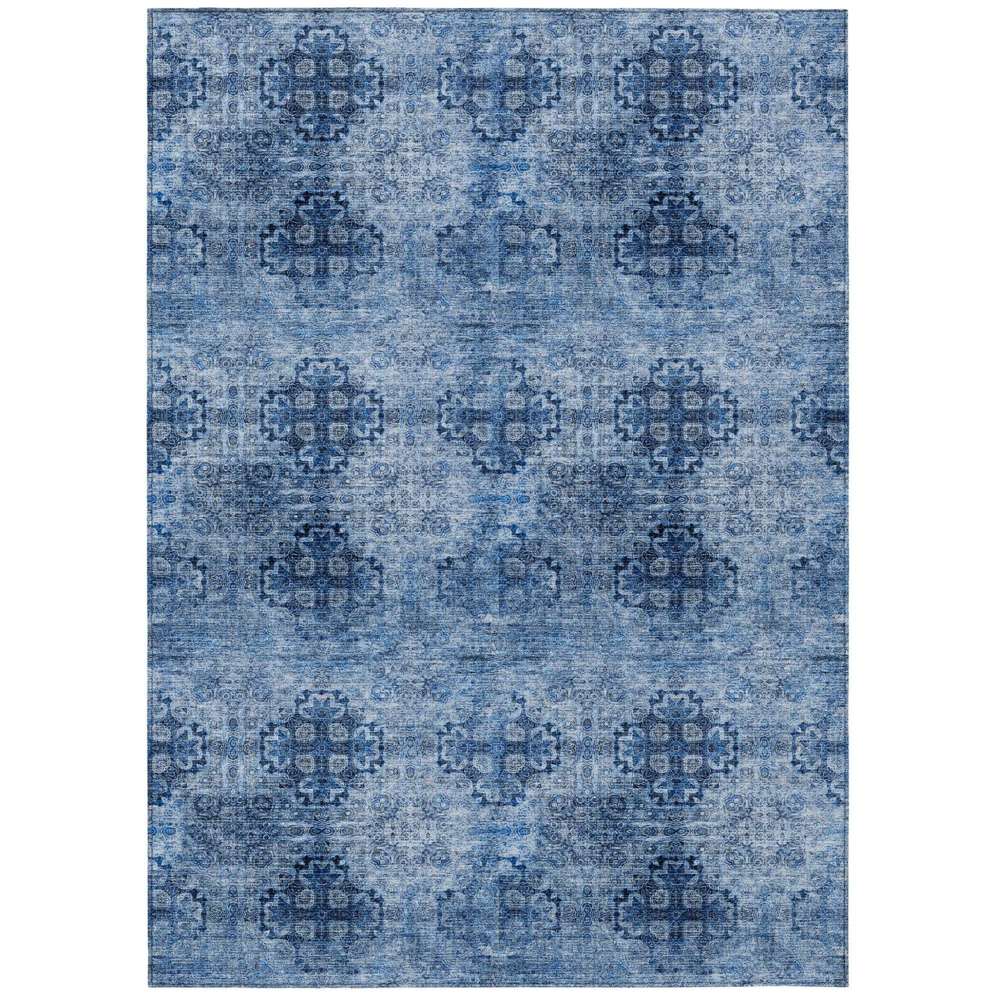 9' X 12' Navy Blue Floral Medallion Washable Non Skid Indoor Outdoor Area Rug